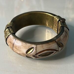 Vintage Boho Brass and Bone Pull-Pin Hinge Bracelet
